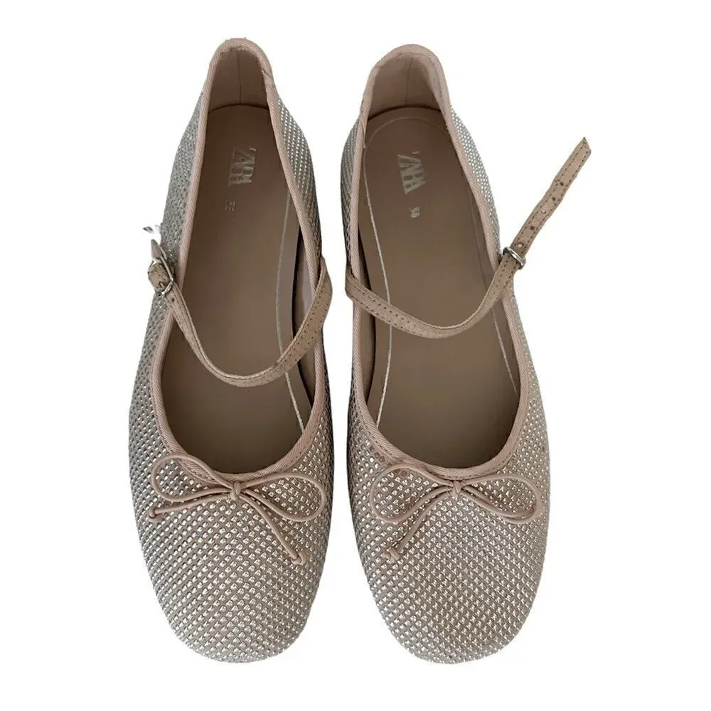 Zara Beige Sparkly Ballet Flats NWT